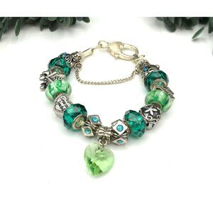 Vintage Silver Tone beads and Green Glass Charm Bracelet With Heart Pendant & Cr